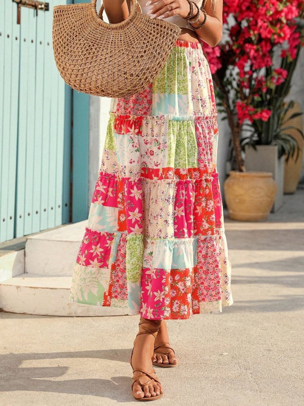 Multicolor boho Casual Women's Colorblock Floral Print Ruffle Hem maxi Skirt - Picture 10 of 10